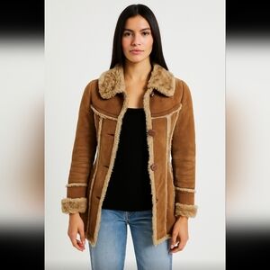 Miss Sixty Womens Suede Vintage 70s Penny Lane Bohemian Faux Fur Trim Coat XS